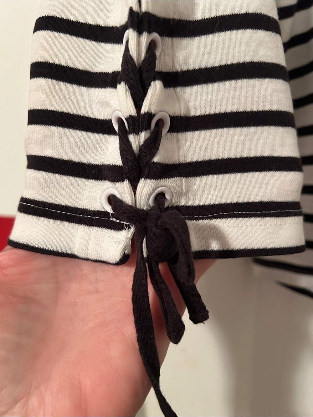 Talbots White and Black Striped Boatneck Long Sleeve Top with Sleeve Ties - Picture 2 of 4